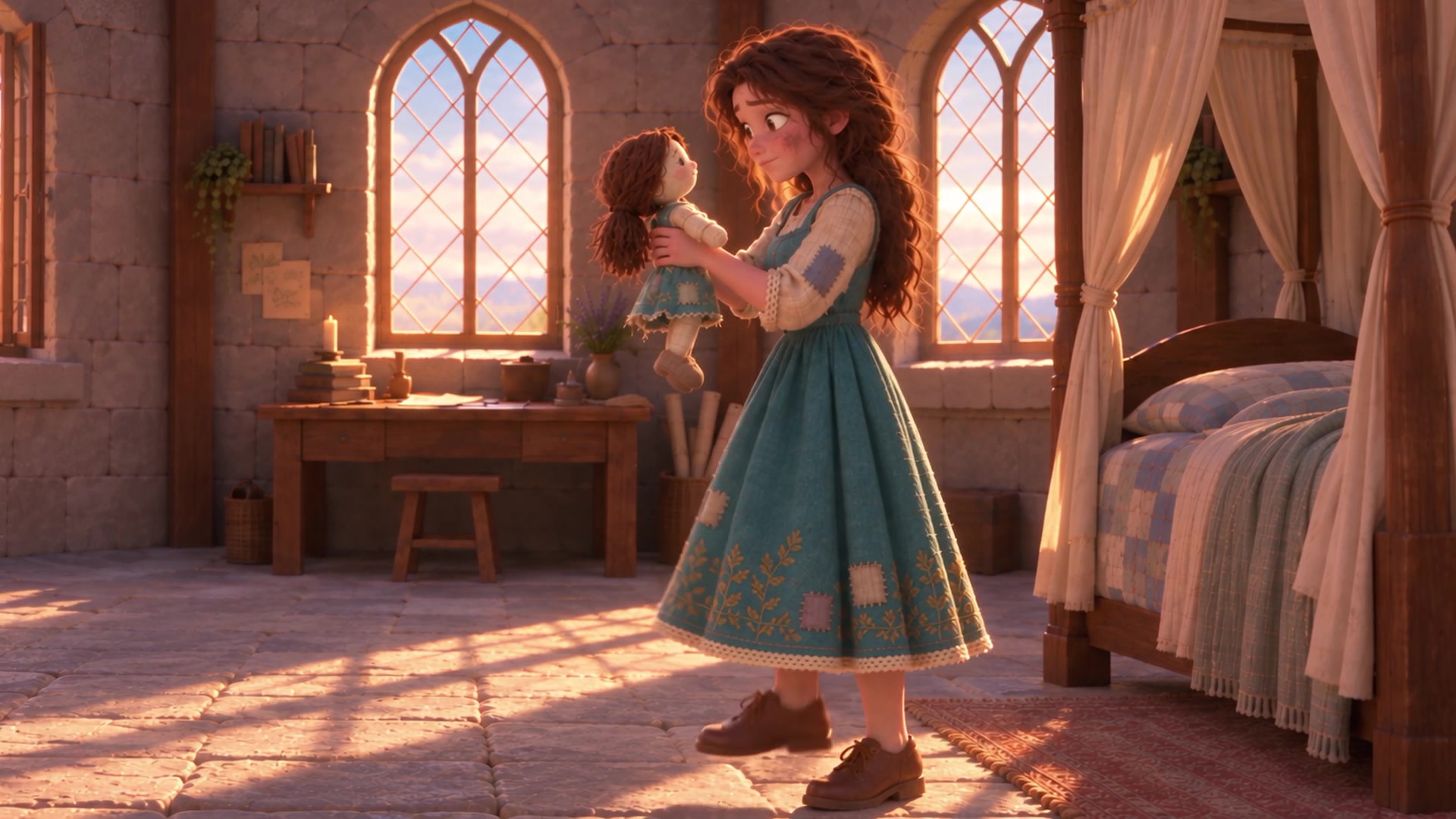 Ingrid marching through her sunlit room while holding Lily, her doll.